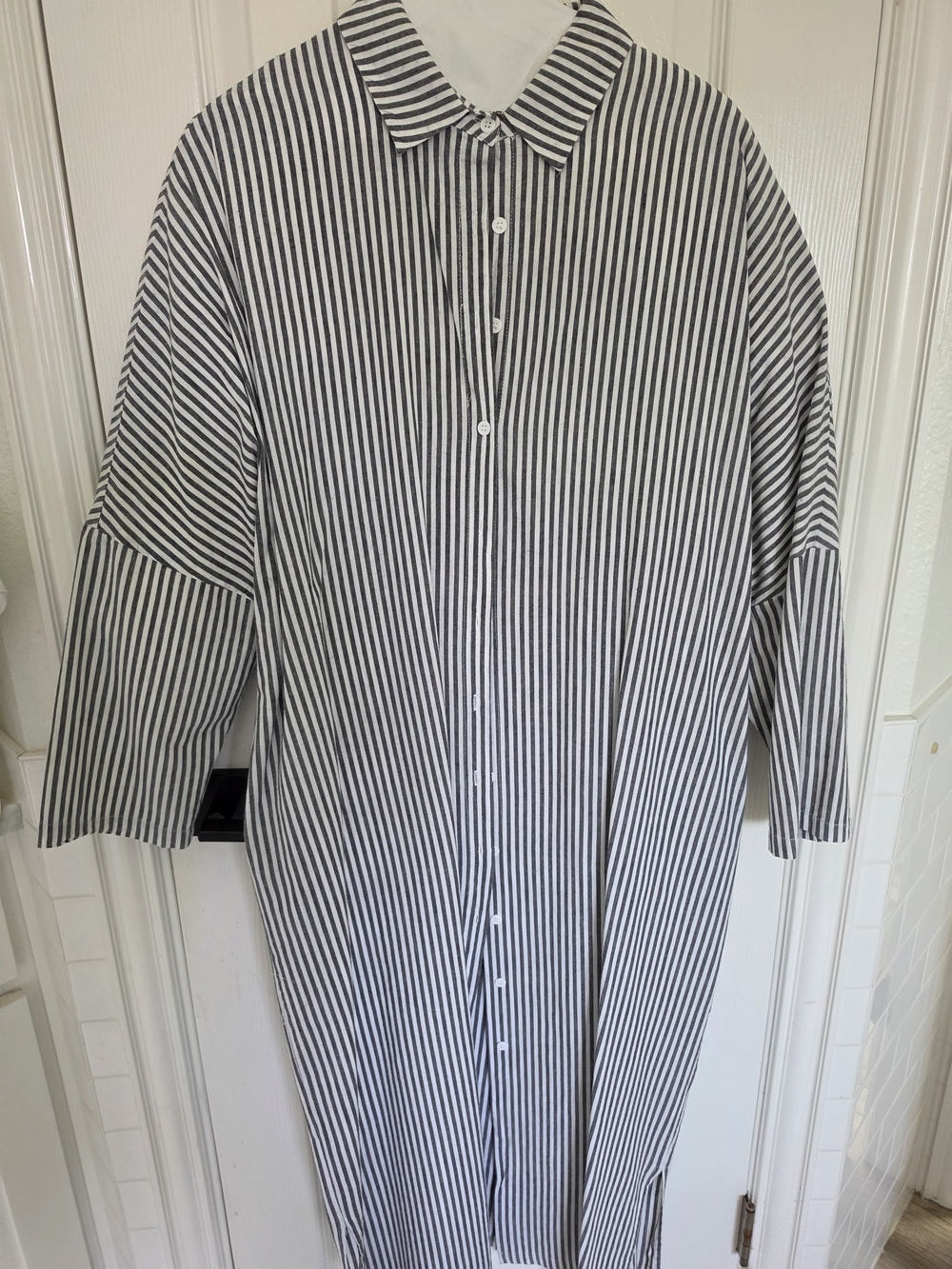 Women's Casual Drop Shoulder Striped Cotton Maxi Shirt Dress - Charcoal - L - Picture 4 of 4